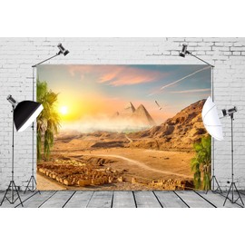 BELECO 2.1 x 1.5 m Fabric Egyptian Pyramid in Sand Desert Background Desert Mountain Coconut Trees Sunset Landscape Ancient Civilisation Egypt Photography Background Egyptian Party Decorations