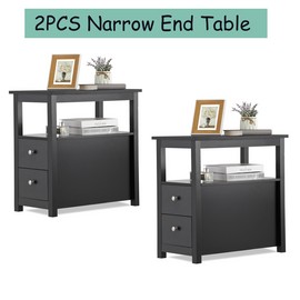 SEGAWE 2PCS End Table w/ 2 Drawer Shelf Narrow Bedroom Side Table for Living Room Black