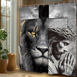 Miyotaa Lion God Cross Shower Curtain Set 60Wx71H Inches Man Wildlife Animal Christian Religious Bless Polyester Waterproof Cloth Bathroom Curtain with 12 Hooks