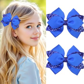 2PCS 4" Glitter Ribbon Hair Bow Clips Sparkly Sequins Alligator Barrettes Hairpin Girls Hair Bows Clips Hair Accessories Toddler Teen Girls Kids Back School (Blue)