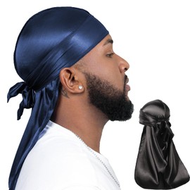 ForceWave 2 Pieces Silky Durag Pack for Men Women Waves, Premium Satin Deluxe Du-rag (Black+Navy)