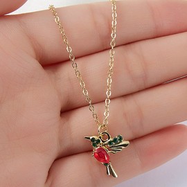 Rhinestone Flying Hummingbird Pendant Necklace 14K Gold Plated Shiny Rhinestone Bird Flyer Chain Necklace Crystal Cubic Zirconia Bird Flyer Animal Collar Necklace-A red