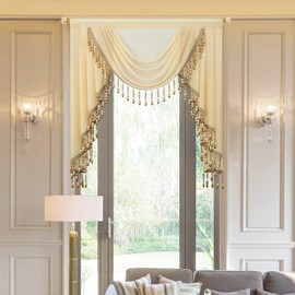 VOGOL Vintage Style Waterfall Valance, 39 Inches Wide Soft Touch Sheer Drapes for Living Room, Classical Rod Pocket Silky Swag Valance with Handmade Tassels, Brown, 1 Panel