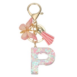 MECCANIXITY Initial Letter Keychain, Cute Tassel Butterfly Keychain Alphabet P Letter Charm for Women Girls Key Purse Handbag Backpack (Pink, Pack of 1)
