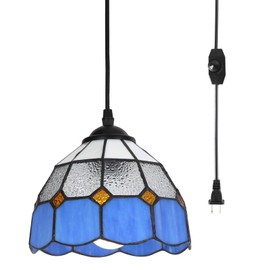 HuisMier Tiffany Style Plug in Pendant Light, Dimmable Small Hanging Lights with 15 Ft Plug in Cord, Vintage Stained Glass Swag Lamp for Dining Room Bedroom Living Room Porch, 7.9" Width
