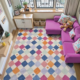 jinchan Area Rug 8x10 Kids Washable Rug Indoor Floor Cover Non Slip Modern Soft Rug Living Room Diamond Carpet for Elementary School Classroom Nursery Daycare Playroom Bedroom Berries on Cream