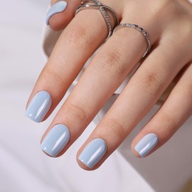 Blue Press on Nails Short Square Fake Nails Chrome Glossy Nail Tips Glue on Nails with Nail Glue, Reusable Full Cover Acrylic Stick on Nails for Women Manicure Kit 16 Sizes - 32 Soft Gel False Nails