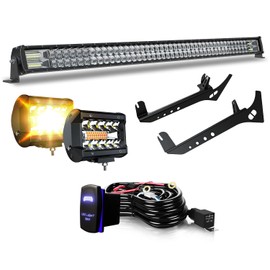 FEELON Fit 18-22 Jeep Wrangler JL/ 20-22 Gladiator JT 52" inch LED Light Bar 4 inch White/Amber Yellow LED Pods Strobe Fog Light Offroad with Upper Windshield Mounting Brackets Switch Wiring Harness