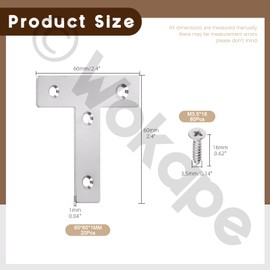 Wokape 20Pcs 2.36"x2.36"-60x60mm Flat Corner Braces Stainless Steel T Braces, T Shape Corner Brackets Joint Right Angle Bracket with Screws, T Brackets Flat Repair Mending Plate Joining Support Brace