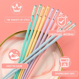 Chopsticks Reusable Dishwasher Safe, 9.63 inch/24.3cm Fiberglass Non-Slip Chop Sticks, Chinese/Japanese Chop Sticks for beginners, Sakura Chopsticks Colorful- 5 Pairs