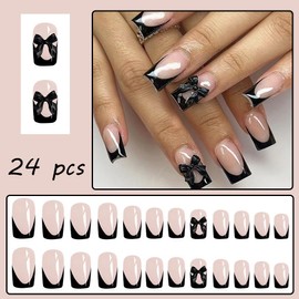 24 Pcs Black French Tip Press on Nails Medium Square Fake Nails with Design Black Bow Glue on Nails Full Cover Glossy False Nails Black French Nails Tips Bow Artificial Nails Accessories for Women