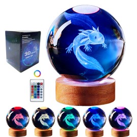 Axolotl Lamp,3.15 inch Axolotl Crystal Ball Lamp,Upgraded 3D K9 Axolotl Crystal Ball Night Light with Wooden Base,16 Colors Change with Remote Control, Axolotl Glass Ball Lamp,Axolotl Gift (E)