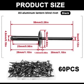 FSWWSF 60-Piece Rivets Aluminium Blind Rivets Set, Expansion Rivets, Tri Fold Exploding Pop Rivets for Industrial, Construction, Metal, Automotive, Furniture et (Black, 4.8 x 25 mm)