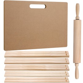 Newtay 12 Pcs Pottery Tools Include 1 Wood Rolling Pin Sculpting Polymer Clay Tools 1 Portable Wedging Board for Pottery with Built in Handle and 10 Pcs 5 Size Pottery Teaching Rolling Mud Stick Guide