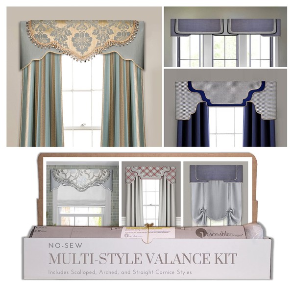 Traceable Designer Cornice Valance, Custom No-Sew Curtain for Bedroom, Livingroom, Dining Room, Reusable 3-Style kit