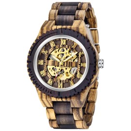 Dentily Men's Wooden Watch Hollow Skeleton Automatic Movement Wood Watch Arabic Numbers Self-Winding Watches for Men