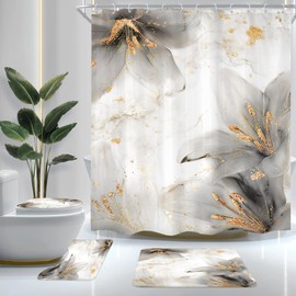 Cinbloo 4Pcs Black and Gold Shower Curtain Set, Fashion Abstract Modern Floral Bathroom Curtain with Rug, Toilet Lid Cover, Bath Mat, Women Ombre Texture Luxury Botany Shower Curtain with 12 Hooks