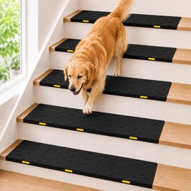BESEA Rubber Stair Treads Non-Slip 36"x10" 10-Pack – Heavy Duty Outdoor Stair Mats with Adhesive Backing, Reflective Safety Strips, Weather Resistant Step Covers for Wood, Concrete & Deck