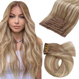 Moresoo Clip in Hair Extensions Human Hair Ombre Clip in Remy Human Hair Extensions 22 Inch Light Brown Mixed with Golden Blonde Hair Extensions for Women Clip in 120g 7pcs
