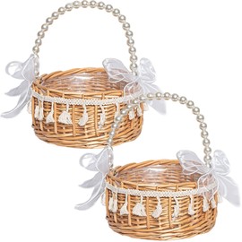 Flower Girl Basket, 2Pcs 8x6.5" Woven Wicker Basket with Handle & White Ribbon Bow Baskets for Easter Weddings Party Outdoor Picnic Home Garden Decor.-