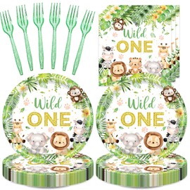 48Pcs Jungle Safari Baby Shower Decorations Animals Paper Plates, Napkins Wild One Birthday Baby Shower Party Supplies