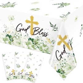 Ganeen 3 Pcs Green God Bless Baptism Tablecloth Disposable Plastic Table Covers First Holy Communion Waterproof Tablecloths for Christening Celebration Baby Shower Religious Decor, 54 x 108 Inch