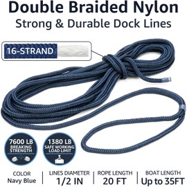 PACTHSD 1/2" x 20' Dock Lines, 2 Pack Double Braid Nylon Boat Ropes for Docking with 12" Eye Splice, High Strength Marine Rope Mooring Lines - Navy Blue