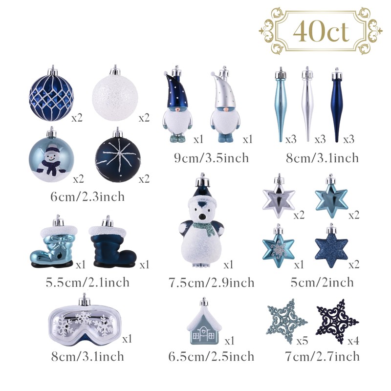 Valery Madelyn Christmas Baubles for Christmas Tree Decorations,40pcs 5-9cm Blue