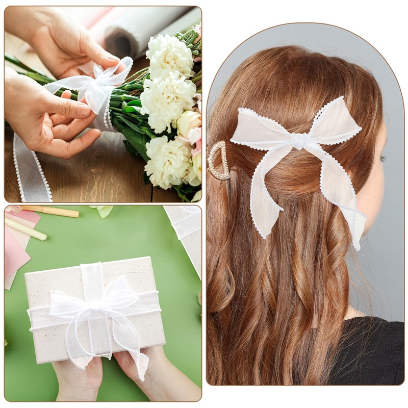 2 Rolls Pearl Edge Chiffon Ribbon 9M White Sheer Organza