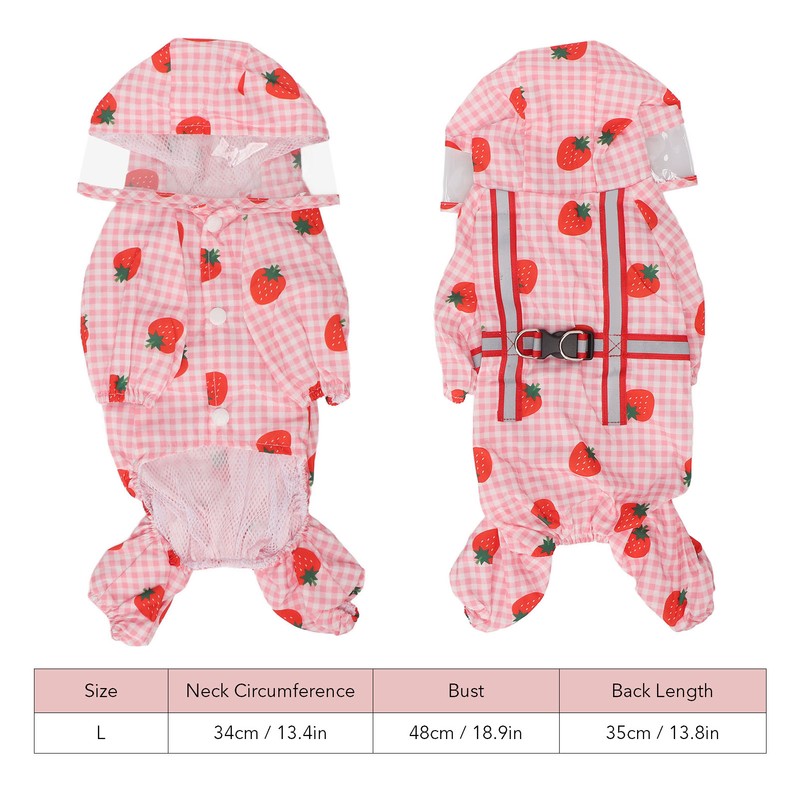 Dog Raincoat Hooded Reflective Breathable Lightweight Strawberry Patterns Puppy Rain