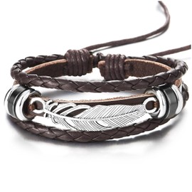 COOLSTEELANDBEYOND Feather Leaf Braided Leather Bracelet for Men Women Three Rows Leather Sweatband, Brown leather and cotton rope, No gemstone