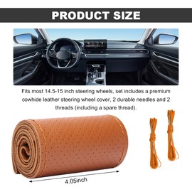 Wevdn Genuine Leather Steering Wheel Cover, Stitch on Wrap, DIY Sewing Steering Wheel Protector, 15 Inch Breathable Non-Slip Steering Wheel Protector, Car Accessories (Brown, Full Hole)