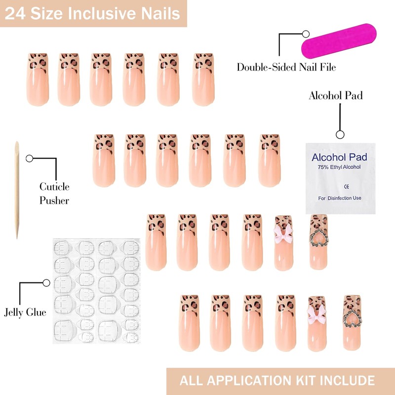 OFDNE Leopard French Tip Fake Nails - 24 Pcs Glossy