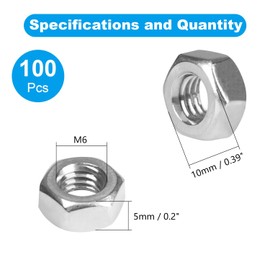 Yinpecly 100pcs M6-1.0 Hex Nut, 304 Stainless Steel Nuts,M6x1.0mm Hex Drive,Metric Coarse Thread Hexagon Nut,Small Nuts Fasteners, Right Hand, M6 Replacement Nut