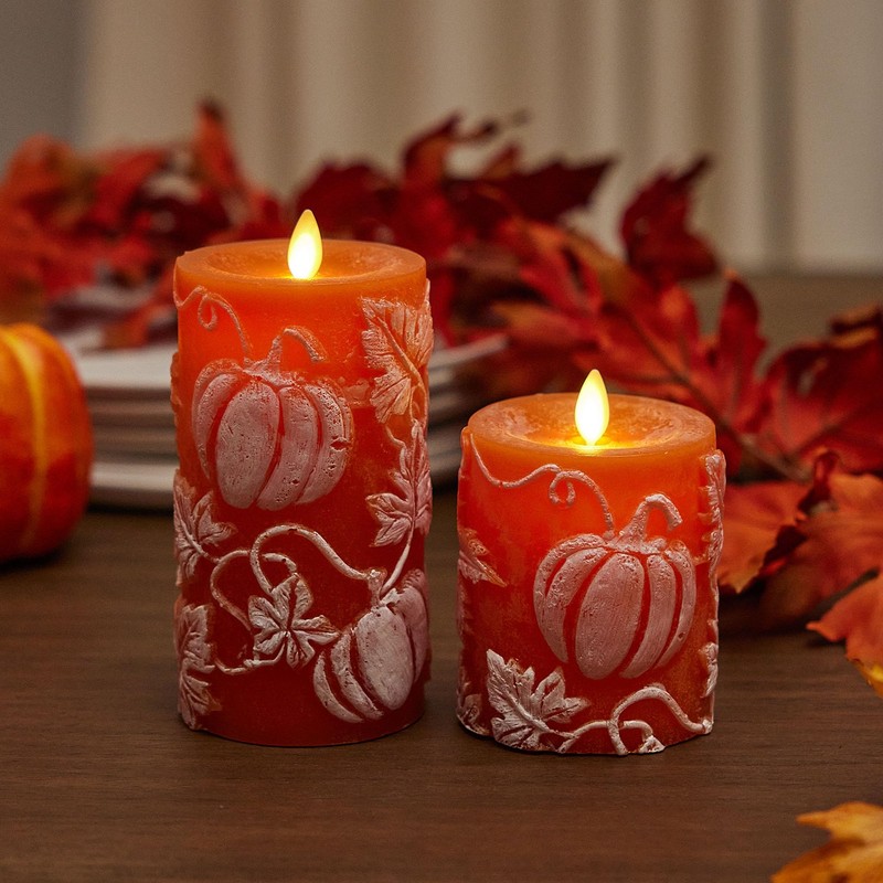 Luminara Embossed Leaves and Pumpkins Moving Flame Pillar Candle 3.25"