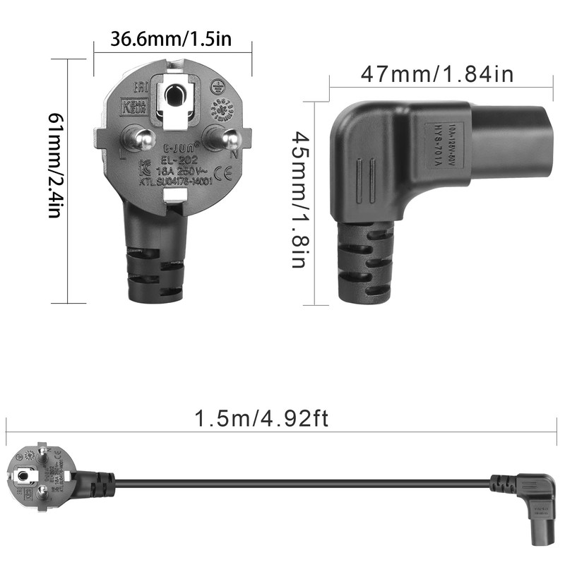 GELRHONR 1.5 m 3 Pin IEC Cable, 90 Degree CEE