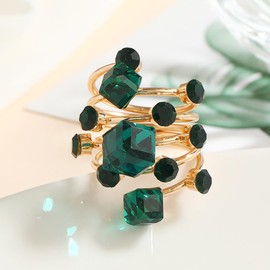 Layered Rhinestone Statement Ring for Women Girls Gold Plated Fashion Round Cube Crystal Adjustable Wide Wrap Finger Spring Rings Shiny Act Deco Xmas Wedding Party Jewelry Gift Size 7-8 (Green CZ)