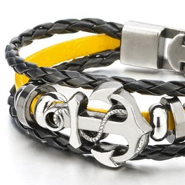 COOLSTEELANDBEYOND Mens Women Anchor Yellow Black Braided Leather Bracelet Multi-Strand Wristband Wrap Bracelet