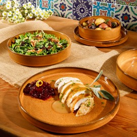 Bloomhouse - Two Time Oprah's Favorite Things Winner - Santorini Mist Double Bowl Terracotta Reactive Glaze Plates and Bowls Dinnerware Set - Amber, Service for Four (16pcs)