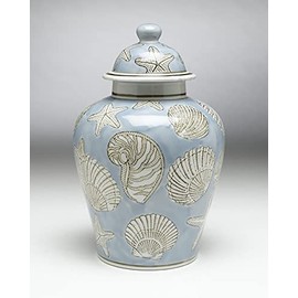 AA Importing 59728 Blue Seashell 10 Inch Ceramic Ginger Jar