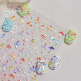 Mushroom Nail Art Stickers Decals 5D Shell Light Colorful Mushroom Nail Decals Nail Art Supplies 1PCS Cute Mushrooms Water Bubbles Forest Plant Summer Cute Nails Design Manicure Sliders for Women