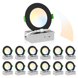 ALUSSO LIGHTING 12 Pack 6 Inch 5CCT Ultra-Thin LED Recessed Ceiling Light with Junction Box, 2700K-5000K Selectable, 12W 1100LM Dimmable Canless Wafer Downlight, Damp Rated -ETL&FCC (Black)