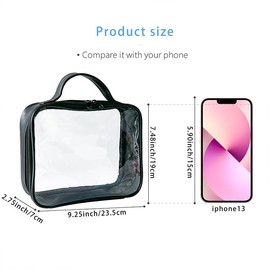 TotePrint TSA Approved Clear Makeup Bags with Zipper Waterproof & Leak-Resistant PVC Transparent Travel Toiletry Bags with Black Leather Handle Perfect for Women & Men, Black, Modern