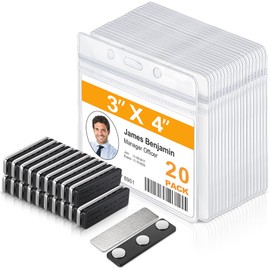 20 Pcs Magnetic Badge Holder Kit, Adhesive Name Tag Backs with Three Ultrastrong Neodymium Magnets, Horizontal and Clear 4"x3" Card Holders, Applicable to Badges, Posters and Leaflet etc