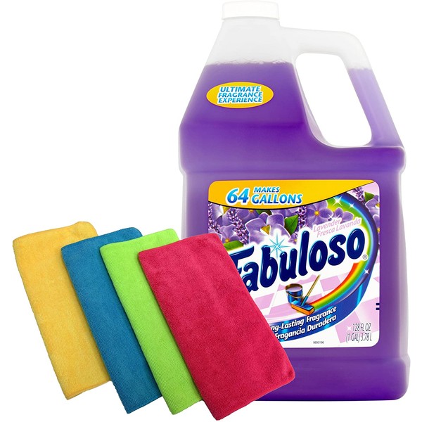 Fabuloso Makes 64 Gallons Lavender Purple Liquid Multi-Purpose Professional Household Non Toxic Fabolous Hardwood Floor Cleaner Refill + 4 UBEN Microfiber 12 X 12 Cleaning Cloths - Colors May Vary