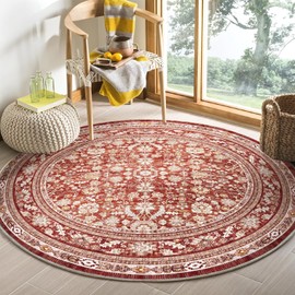 OPPODREAM Thin Vintage Red Round Rug 3ft, 3 ft Retro Washable Circle Rug Non Slip, Low-Pile Faux Wool Circular Carpet, Distressed Floor Mat for Living Room, Bedroom, Office, Dorm, Dinning Room