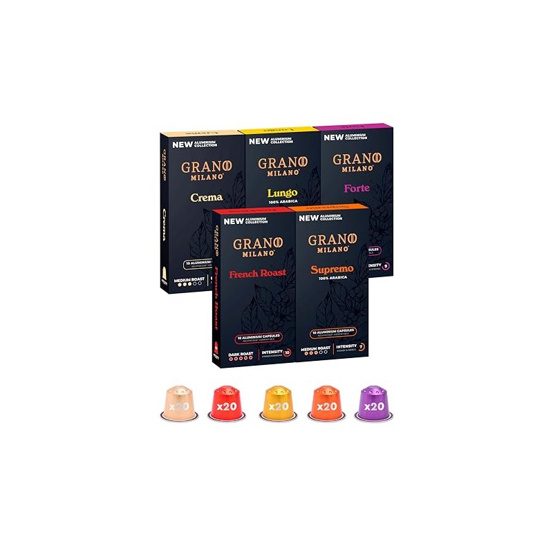 Grano Milano Variety Pack - 100 Aluminium Coffee Pods Compatible