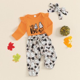 MERSARIPHY Newborn Baby Girl Fall Outfit Cute Ribbed Ruffle Long Sleeve Romper Daisy Floral Pants Set Winter Infant Clothes (Orange boo, 0-3 Months)
