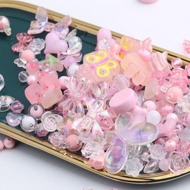 150g(170~230pcs) Aesthetic Acrylic Assorted Beads Cute Beads for Jewelry Making Kawaii Flower Heart Star Butterfly Bow Round Beads Bulk for Bracelets Making Necklaces DIY Crafts (Pink)