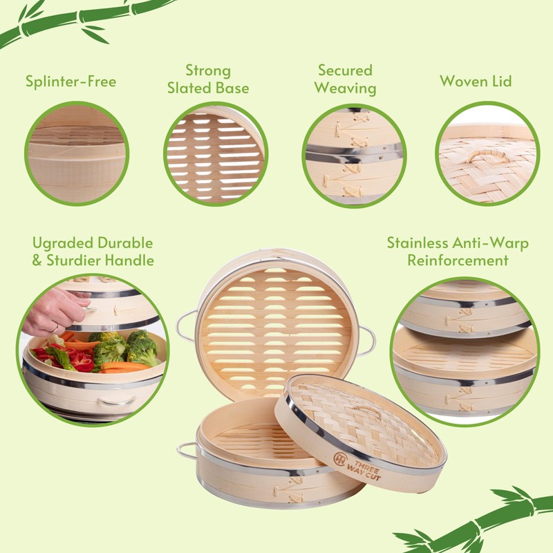 Dumpling Bamboo Steamer 10 Inch 2 Tier Wooden Basket With